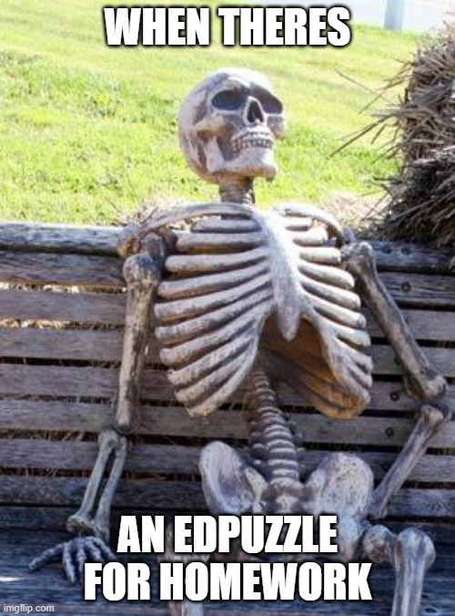 edpuzzles | WHEN THERES; AN EDPUZZLE FOR HOMEWORK | image tagged in memes,waiting skeleton | made w/ Imgflip meme maker