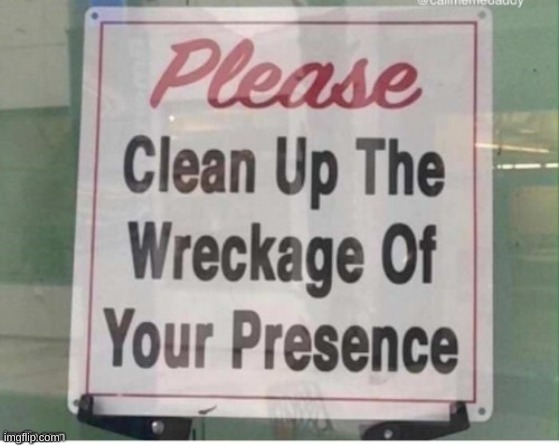 please clean up the wreckage of your presence | image tagged in please clean up the wreckage of your presence | made w/ Imgflip meme maker