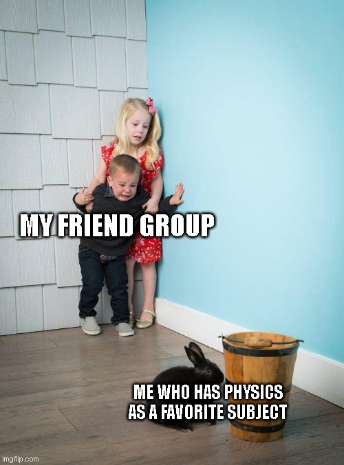 Kids Afraid of Rabbit | MY FRIEND GROUP; ME WHO HAS PHYSICS AS A FAVORITE SUBJECT | image tagged in kids afraid of rabbit | made w/ Imgflip meme maker
