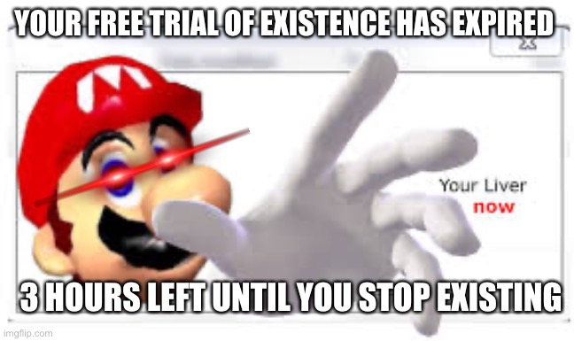 Mario steals your liver | YOUR FREE TRIAL OF EXISTENCE HAS EXPIRED; 3 HOURS LEFT UNTIL YOU STOP EXISTING | image tagged in mario steals your liver | made w/ Imgflip meme maker