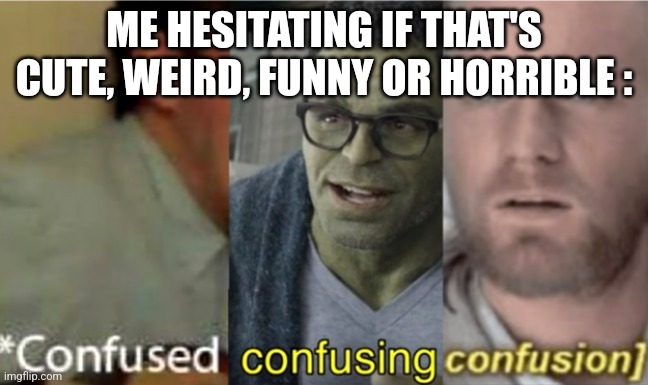 confused confusing confusion | ME HESITATING IF THAT'S CUTE, WEIRD, FUNNY OR HORRIBLE : | image tagged in confused confusing confusion | made w/ Imgflip meme maker