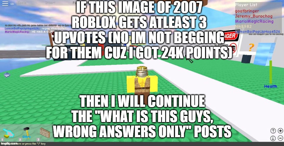 i will continue them, u got my word | IF THIS IMAGE OF 2007 ROBLOX GETS ATLEAST 3 UPVOTES (NO IM NOT BEGGING FOR THEM CUZ I GOT 24K POINTS); THEN I WILL CONTINUE THE "WHAT IS THIS GUYS, WRONG ANSWERS ONLY" POSTS | image tagged in upvote for more roblox sword memes | made w/ Imgflip meme maker