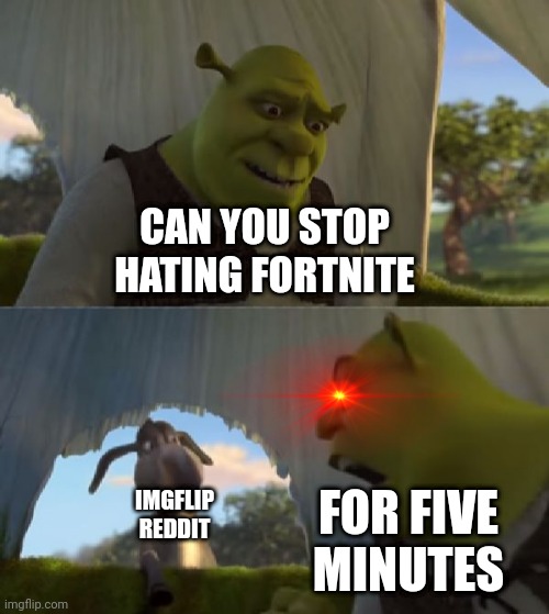 I KNOW THAT THEIR COMMUNITY IS BAD BUT STOP HATING IT ITS NOT FUNNY ANYMORE |  CAN YOU STOP HATING FORTNITE; FOR FIVE MINUTES; IMGFLIP REDDIT | image tagged in could you not ___ for 5 minutes,fortnite | made w/ Imgflip meme maker