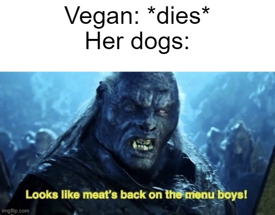 A blessing from the lord | Vegan: *dies*
Her dogs: | image tagged in looks like meat s back on the menu boys,dogs | made w/ Imgflip meme maker