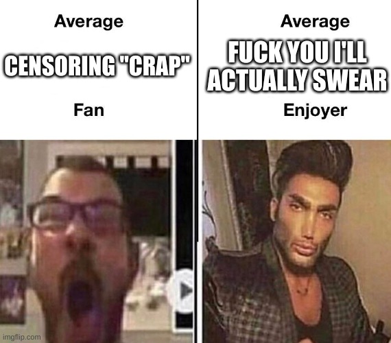 Average Fan vs. Average Enjoyer | CENSORING "CRAP" FUCK YOU I'LL ACTUALLY SWEAR | image tagged in average fan vs average enjoyer | made w/ Imgflip meme maker