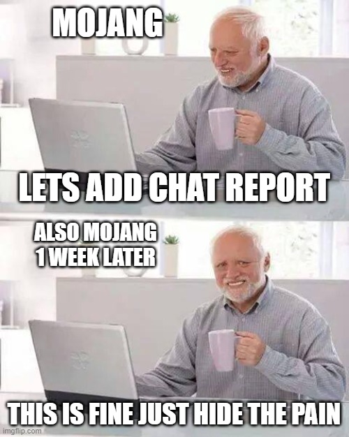 mojang be like | MOJANG; LETS ADD CHAT REPORT; ALSO MOJANG
1 WEEK LATER; THIS IS FINE JUST HIDE THE PAIN | image tagged in memes,hide the pain harold,this is fine | made w/ Imgflip meme maker