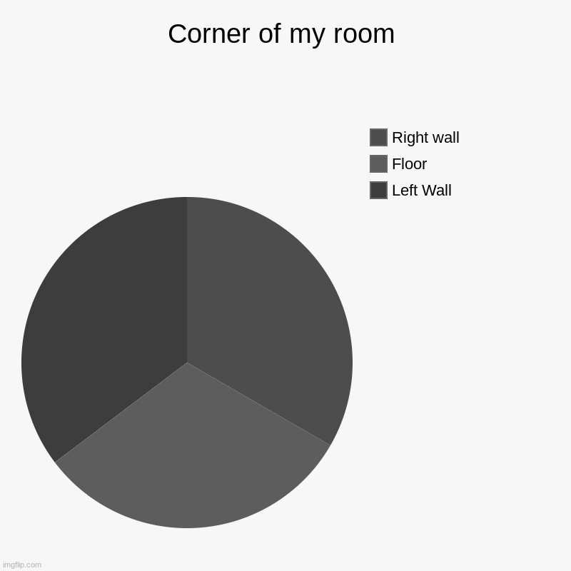 My room | Corner of my room | Left Wall, Floor, Right wall | image tagged in charts,pie charts | made w/ Imgflip chart maker