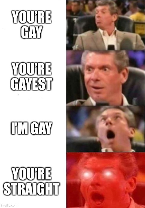 Power move | YOU’RE GAY; YOU’RE GAYEST; I’M GAY; YOU’RE STRAIGHT | image tagged in mr mcmahon reaction,gay,gay jokes,straight | made w/ Imgflip meme maker