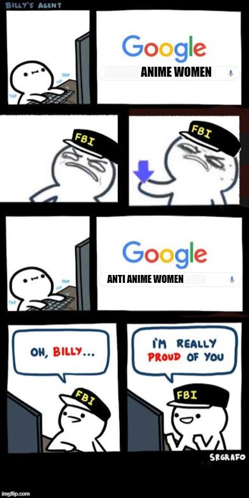 FBI IN A NUTSHELL | ANIME WOMEN; ANTI ANIME WOMEN | image tagged in billy's agent downvote | made w/ Imgflip meme maker