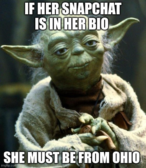 Star Wars Yoda |  IF HER SNAPCHAT IS IN HER BIO; SHE MUST BE FROM OHIO | image tagged in memes,star wars yoda | made w/ Imgflip meme maker
