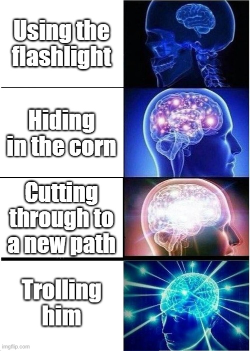 This one isn't my best. It's referencing how to deal with Zardy from Zardy's Maze. | Using the flashlight; Hiding in the corn; Cutting through to a new path; Trolling him | image tagged in memes,expanding brain,zardy's maze | made w/ Imgflip meme maker