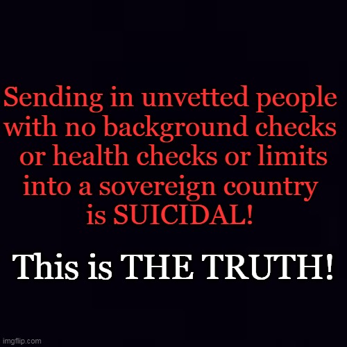 Overwhelming The System in Order to Destroy America From Within | Sending in unvetted people 
with no background checks 
or health checks or limits
into a sovereign country 
is SUICIDAL! This is THE TRUTH! | image tagged in politics,illegals,suicide,death to america,common sense,evil | made w/ Imgflip meme maker