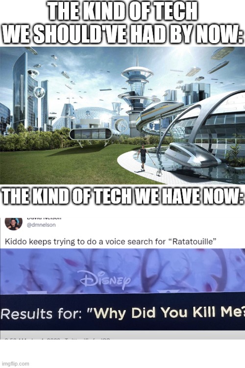 crazy how the world is today | THE KIND OF TECH WE SHOULD'VE HAD BY NOW:; THE KIND OF TECH WE HAVE NOW: | image tagged in blank white template | made w/ Imgflip meme maker