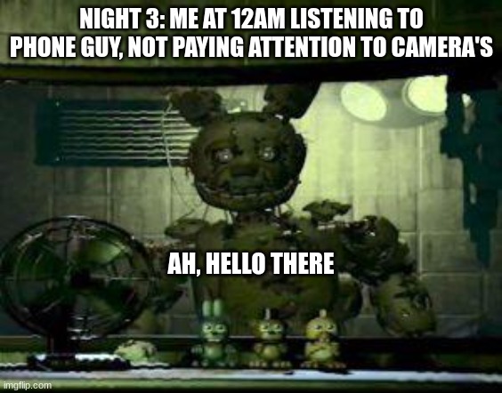 FNAF Springtrap in window | NIGHT 3: ME AT 12AM LISTENING TO PHONE GUY, NOT PAYING ATTENTION TO CAMERA'S; AH, HELLO THERE | image tagged in fnaf springtrap in window | made w/ Imgflip meme maker