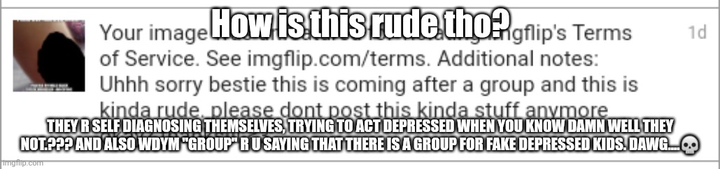 smh | How is this rude tho? THEY R SELF DIAGNOSING THEMSELVES, TRYING TO ACT DEPRESSED WHEN YOU KNOW DAMN WELL THEY NOT.??? AND ALSO WDYM "GROUP" R U SAYING THAT THERE IS A GROUP FOR FAKE DEPRESSED KIDS. DAWG....💀 | image tagged in lol | made w/ Imgflip meme maker