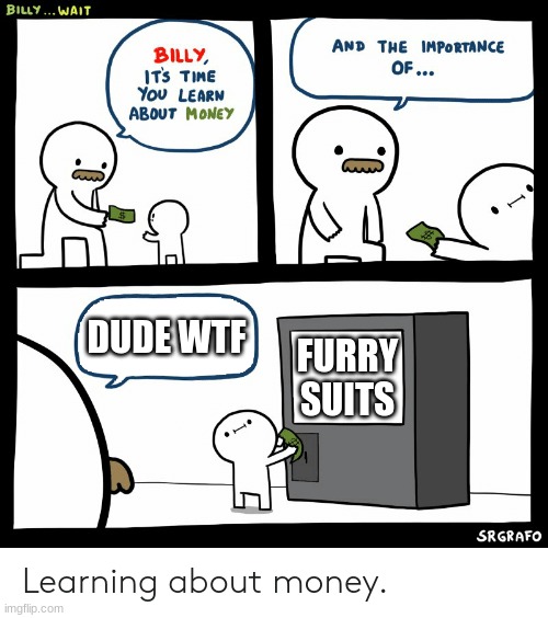 more furry hate | DUDE WTF; FURRY SUITS | image tagged in billy learning about money,anti furry | made w/ Imgflip meme maker