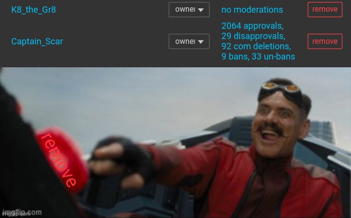 . | remove | image tagged in robotnik pressing red button | made w/ Imgflip meme maker