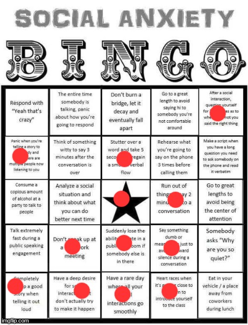 Social Anxiety Bingo | image tagged in social anxiety bingo | made w/ Imgflip meme maker