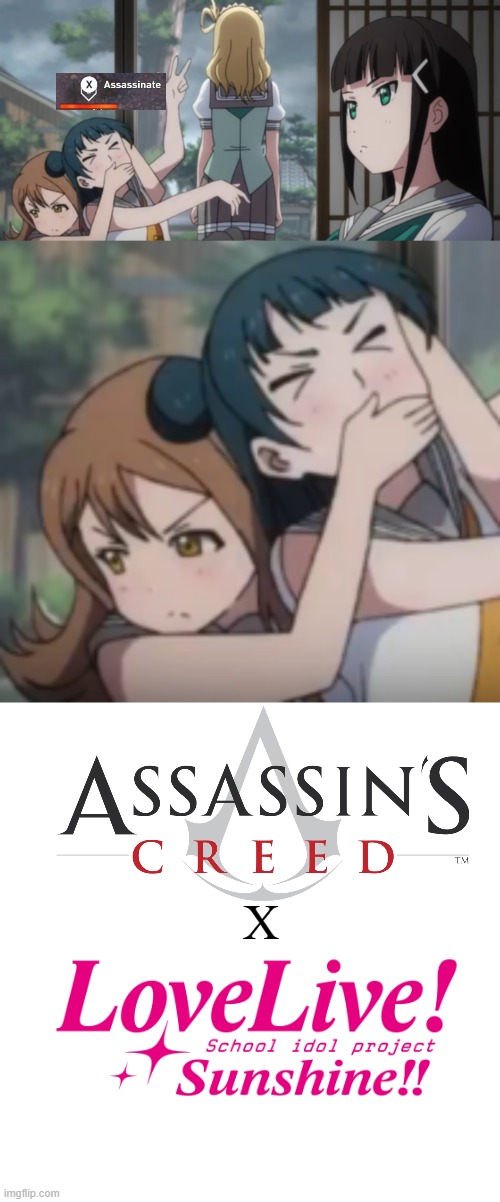 Best anime Collab | X | image tagged in memes,blank transparent square,love live,assassins creed | made w/ Imgflip meme maker