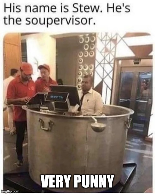 Stew the soupervisor | VERY PUNNY | image tagged in puns | made w/ Imgflip meme maker