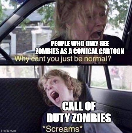CoD meme #72 |  PEOPLE WHO ONLY SEE ZOMBIES AS A COMICAL CARTOON; CALL OF DUTY ZOMBIES | image tagged in why can't you just be normal,memes,funny memes,cartoon,cod,zombies | made w/ Imgflip meme maker