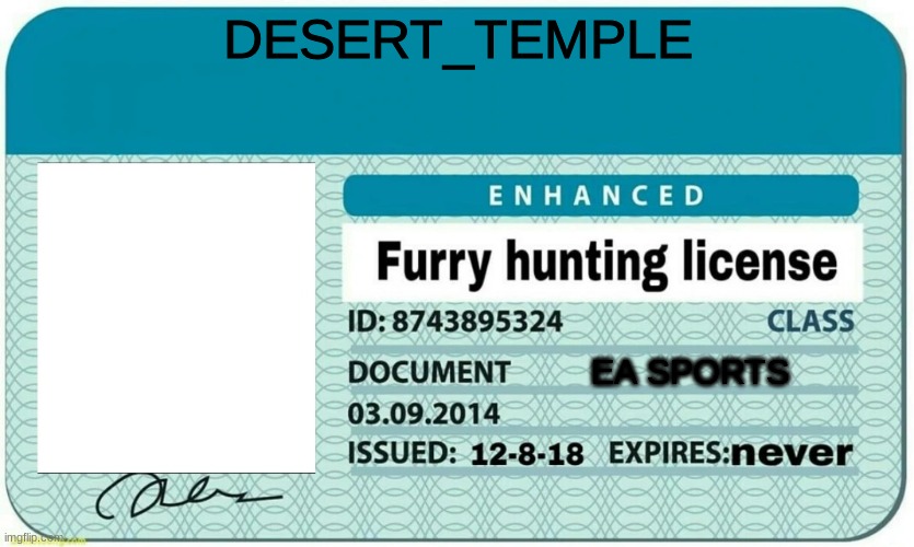 EA Sports | DESERT_TEMPLE; EA SPORTS | image tagged in furry hunting license | made w/ Imgflip meme maker