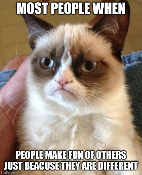 Don't do it! I'm watching you... | MOST PEOPLE WHEN; PEOPLE MAKE FUN OF OTHERS JUST BEACUSE THEY ARE DIFFERENT | image tagged in memes,grumpy cat | made w/ Imgflip meme maker