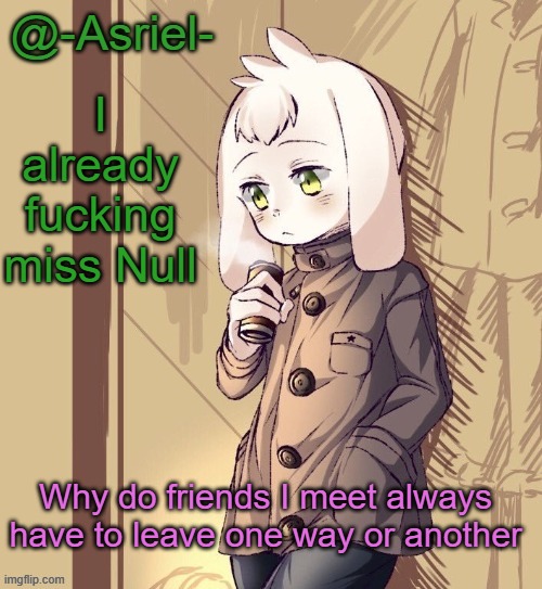And I met him when he made his account | I already fucking miss Null; Why do friends I meet always have to leave one way or another | image tagged in asriel's temp | made w/ Imgflip meme maker