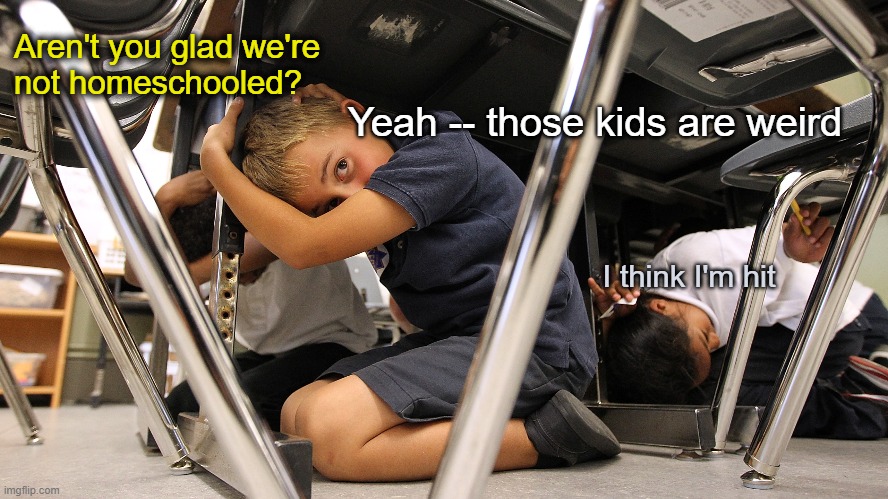 What did you learn in school today, son | Aren't you glad we're 
not homeschooled? Yeah -- those kids are weird; I think I'm hit | made w/ Imgflip meme maker