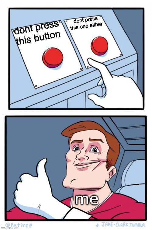 true | dont press this one either; dont press this button; me | image tagged in both buttons pressed,corect,true,no buttons pressed | made w/ Imgflip meme maker