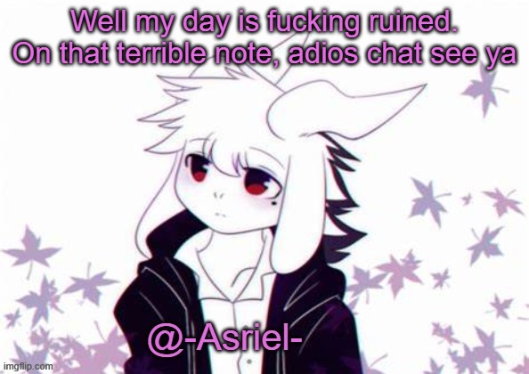 Gonna continue working | Well my day is fucking ruined.
On that terrible note, adios chat see ya | image tagged in asriel's other temp | made w/ Imgflip meme maker