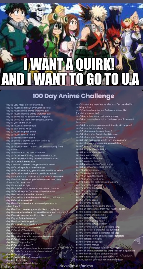 Day 29 | I WANT A QUIRK! 

AND I WANT TO GO TO U.A | image tagged in 100 day anime challenge,mha | made w/ Imgflip meme maker