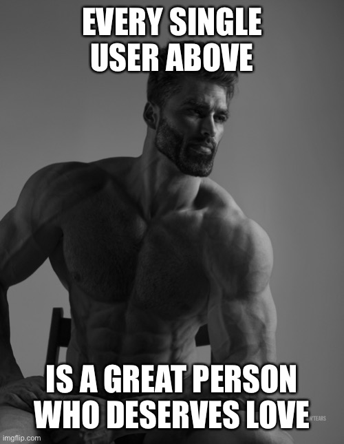 Giga Chad | EVERY SINGLE USER ABOVE; IS A GREAT PERSON WHO DESERVES LOVE | image tagged in giga chad | made w/ Imgflip meme maker