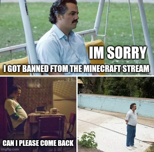 Sad Pablo Escobar | IM SORRY; I GOT BANNED FTOM THE MINECRAFT STREAM; CAN I PLEASE COME BACK | image tagged in memes,sad pablo escobar | made w/ Imgflip meme maker