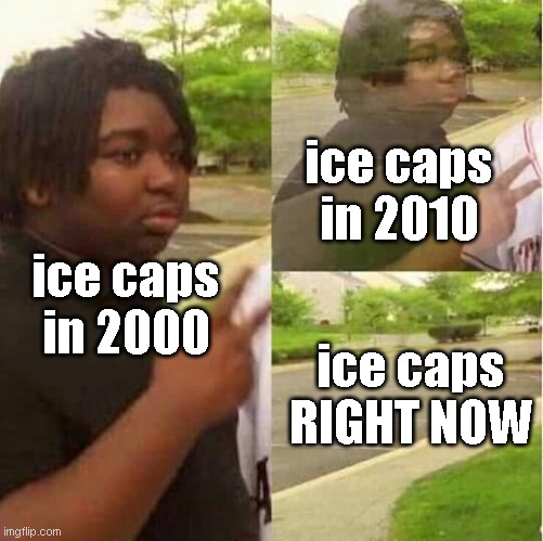 GUYS THEY'RE GONE | ice caps in 2010; ice caps in 2000; ice caps RIGHT NOW | image tagged in disappearing | made w/ Imgflip meme maker