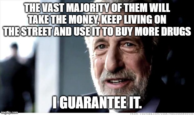 I Guarantee It Meme | THE VAST MAJORITY OF THEM WILL TAKE THE MONEY, KEEP LIVING ON THE STREET AND USE IT TO BUY MORE DRUGS I GUARANTEE IT. | image tagged in memes,i guarantee it | made w/ Imgflip meme maker
