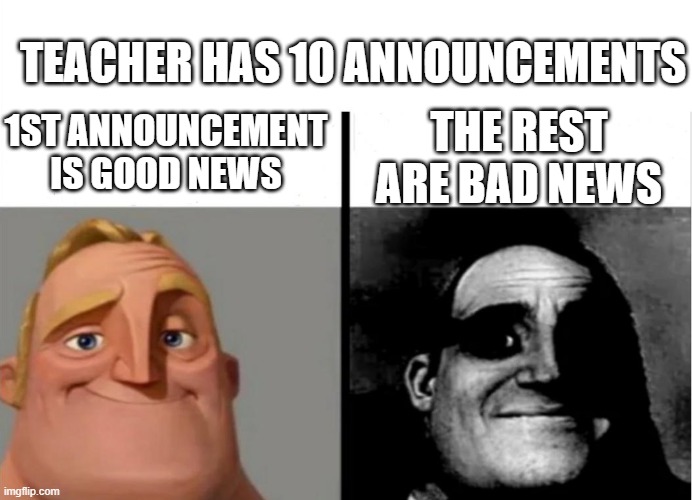 Related? | TEACHER HAS 10 ANNOUNCEMENTS; 1ST ANNOUNCEMENT IS GOOD NEWS; THE REST ARE BAD NEWS | image tagged in teacher's copy,mr incredible,announcement | made w/ Imgflip meme maker