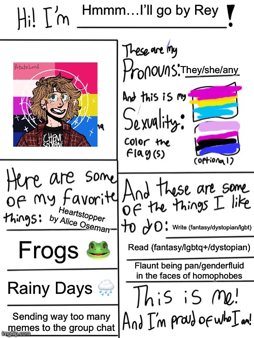 Lgbtq stream account profile | Hmmm…I’ll go by Rey; They/she/any; Heartstopper by Alice Oseman; Write (fantasy/dystopian/lgbt); Read (fantasy/lgbtq+/dystopian); Frogs 🐸; Flaunt being pan/genderfluid in the faces of homophobes; Rainy Days 🌧; Sending way too many memes to the group chat | image tagged in lgbtq stream account profile | made w/ Imgflip meme maker