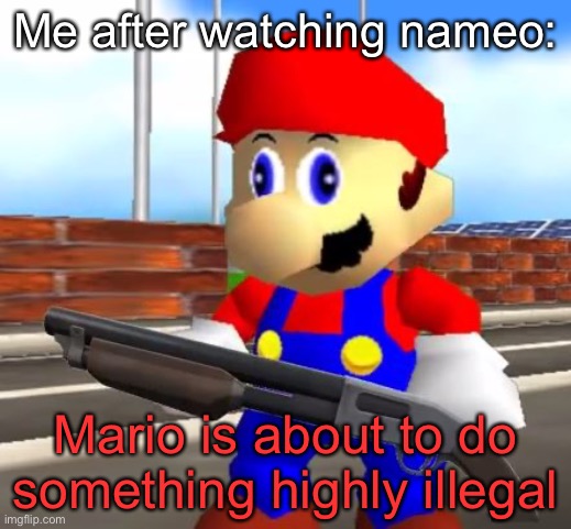 My eyes, they burn. | Me after watching nameo:; Mario is about to do something highly illegal | image tagged in smg4 shotgun mario | made w/ Imgflip meme maker