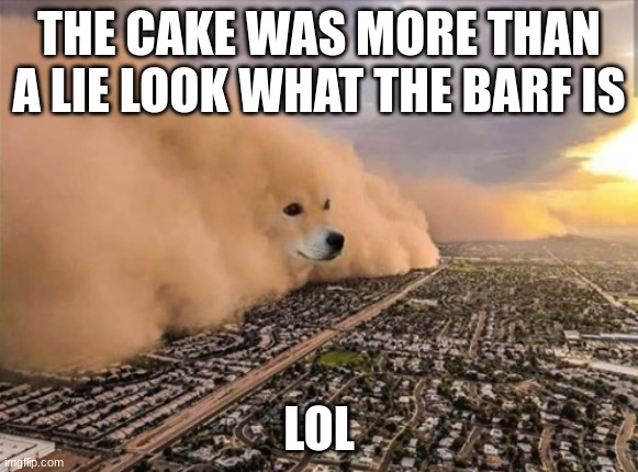 Dust Doge Storm | THE CAKE WAS MORE THAN A LIE LOOK WHAT THE BARF IS; LOL | image tagged in dust doge storm | made w/ Imgflip meme maker