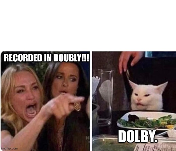 Spinal Tap 1 | RECORDED IN DOUBLY!!! DOLBY. | image tagged in lady yelling at cat | made w/ Imgflip meme maker