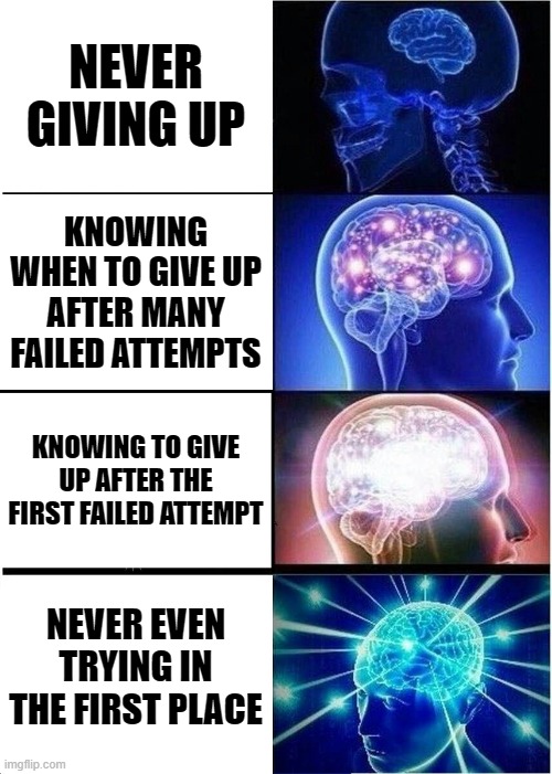 Many Applications | NEVER GIVING UP; KNOWING WHEN TO GIVE UP AFTER MANY FAILED ATTEMPTS; KNOWING TO GIVE UP AFTER THE FIRST FAILED ATTEMPT; NEVER EVEN TRYING IN THE FIRST PLACE | image tagged in memes,expanding brain,life,real life,reality,reality check | made w/ Imgflip meme maker