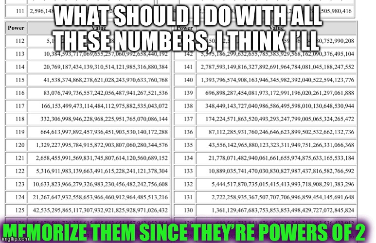 A Lot of Digits I’m Memorizing | WHAT SHOULD I DO WITH ALL THESE NUMBERS, I THINK I’LL; MEMORIZE THEM SINCE THEY’RE POWERS OF 2 | image tagged in memes,funny memes,pi,powers of 2,number memorizing,numbers | made w/ Imgflip meme maker