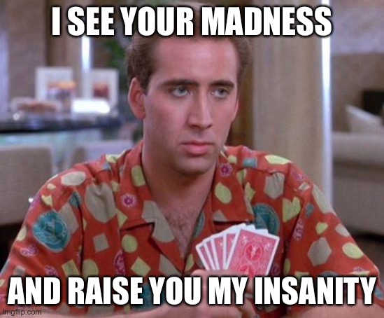 Madness vs insanity | I SEE YOUR MADNESS; AND RAISE YOU MY INSANITY | image tagged in nick cage poker face,madness,insanity | made w/ Imgflip meme maker