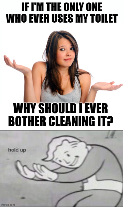 Why Even Bother? |  IF I'M THE ONLY ONE WHO EVER USES MY TOILET; WHY SHOULD I EVER BOTHER CLEANING IT? | image tagged in shrug girl,memes,cleaning,toilets,why,what's the point | made w/ Imgflip meme maker