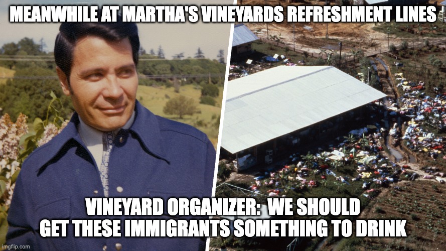 Something to drink - rohb/rupe | MEANWHILE AT MARTHA'S VINEYARDS REFRESHMENT LINES; VINEYARD ORGANIZER:  WE SHOULD GET THESE IMMIGRANTS SOMETHING TO DRINK | image tagged in jim jones | made w/ Imgflip meme maker