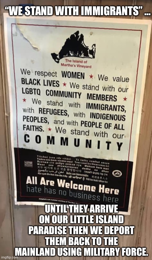 Progressive elites advocate policies they never have to suffer the consequences of. And the one time they do, it ends quickly. | “WE STAND WITH IMMIGRANTS” …; UNTIL THEY ARRIVE ON OUR LITTLE ISLAND PARADISE THEN WE DEPORT THEM BACK TO THE MAINLAND USING MILITARY FORCE. | image tagged in marthas vineyard hypocrisy | made w/ Imgflip meme maker
