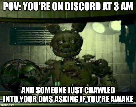 tell me this isn't accurate | POV: YOU'RE ON DISCORD AT 3 AM; AND SOMEONE JUST CRAWLED INTO YOUR DMS ASKING IF YOU'RE AWAKE | image tagged in fnaf springtrap in window | made w/ Imgflip meme maker