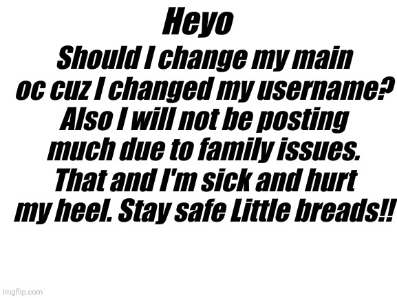Important please | Heyo; Should I change my main oc cuz I changed my username? Also I will not be posting much due to family issues. That and I'm sick and hurt my heel. Stay safe Little breads!! | image tagged in blank white template | made w/ Imgflip meme maker