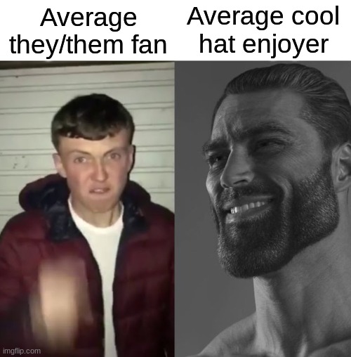Average Fan vs Average Enjoyer | Average they/them fan Average cool hat enjoyer | image tagged in average fan vs average enjoyer | made w/ Imgflip meme maker